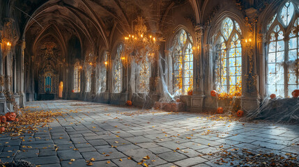 Obraz premium Enchanting Autumnal Gothic Cathedral Interior with Halloween Decorations