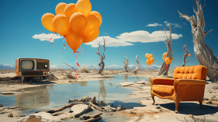 A broken vintage TV and a chair and a half were disposed of in the wasteland, by the pond, surrounded by flying orange balloons with balloon ribbons and dry trees.