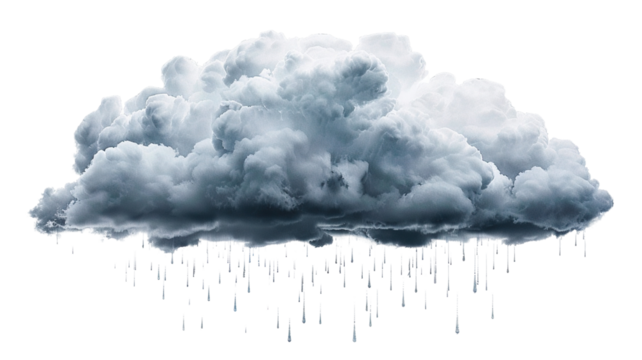 Dark rainy stormy cloud with lightning and rain, cut out