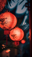 chinese new year background with lamps and bokeh lights 3d illustration