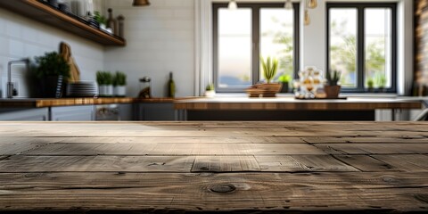 Empty wooden dining table with plenty of copy space, with a blurred kitchen scene in the background