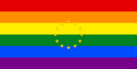 the stars of the flag of Europe EU, European Union and background flag LGBTQ as Lesbian, gay, bisexual, transgender and queer as LGBTQ +