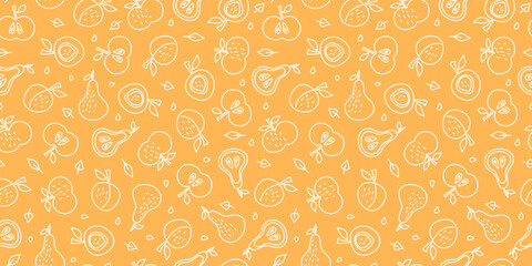 Seamless pattern. Abstract fruits. Outline drawing, doodles. Icons of juicy fruits whole and slices. Vector background, wallpaper decor.