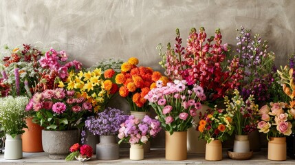 Fototapeta premium Variety of Vibrant Flower Bouquets in Elegant Arrangements for Monthly Subscription Service Advertisement