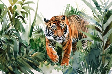 Majestic Tiger Prowling in Watercolor Jungle on White Background