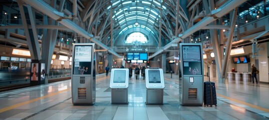 Modern Train Station with Automated Kiosks and Luggage for Efficient Travel and Check-In