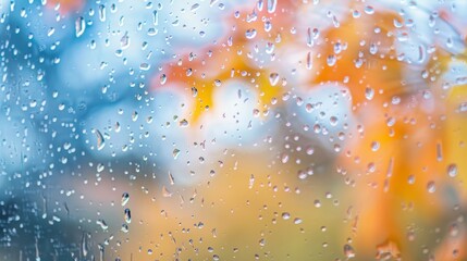 Raindrops on window with autumn scene