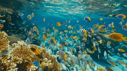 Underwater scene of a coral reef with schools of colorful fish swimming through the crystal-clear sea