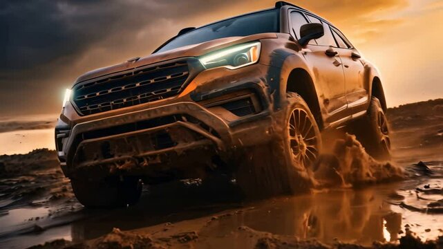 Car driving through the mud on a road. Motion blur. 4x4 vehicle splashing dirty soil, spinning tire. Off transport. Extreme excitement. Muddy truck suv racing on rural terrain.
