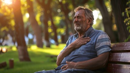 Fototapeta premium Senior Man Experiencing Chest Pain on Park Bench at Sunset - Concept of Heart Disease and Health Warning