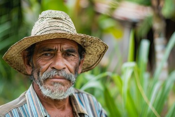 Fototapeta premium Portrait of a senior man with a straw hat, looking at the camera in a natural setting