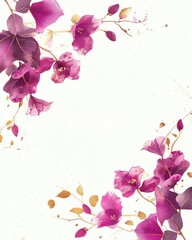 Elegant floral border design featuring vibrant purple blooms and delicate leaves on a soft white background.