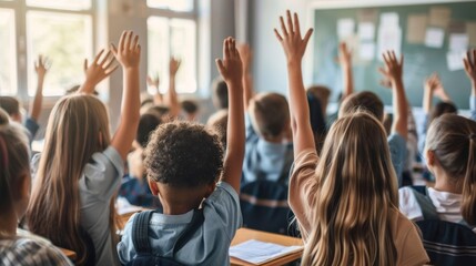 Eager Students with Raised Hands