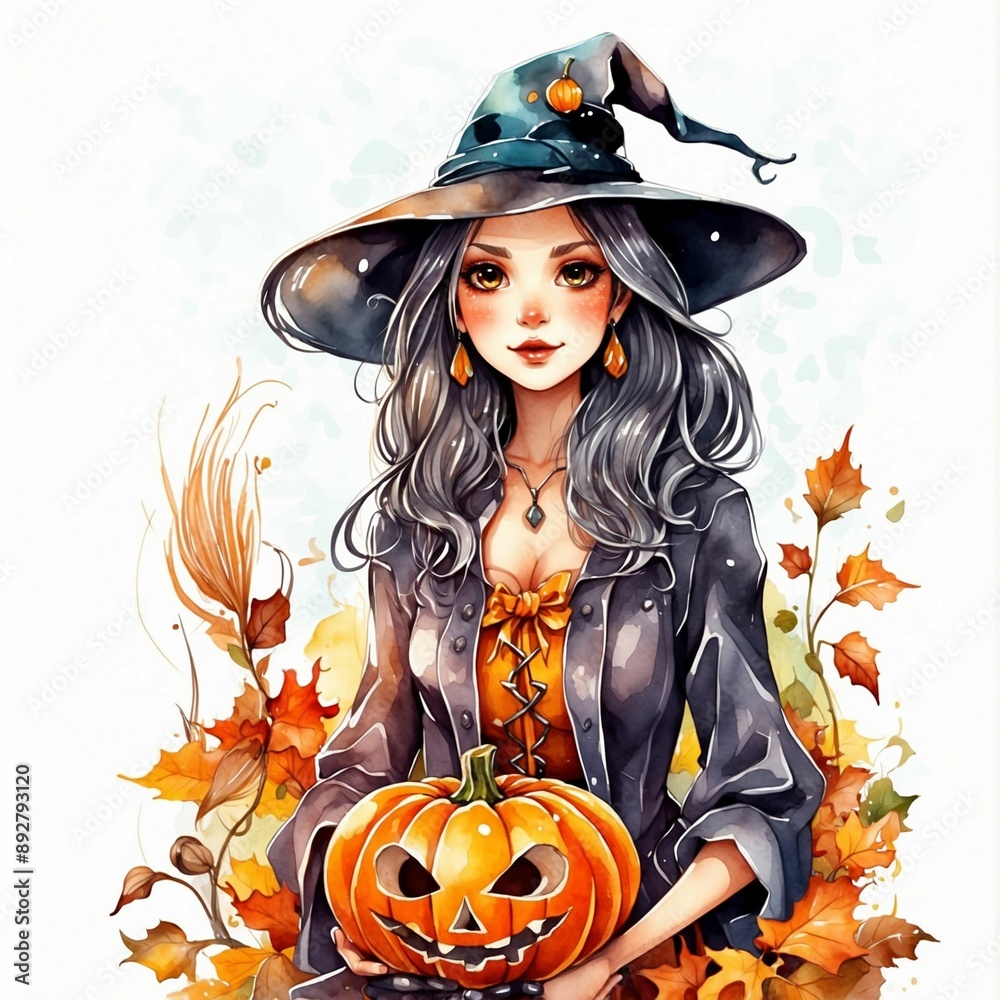 Wall mural watercolor halloween witch with pumpkin, fall illustration, halloween clip art