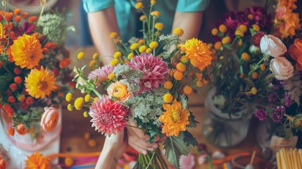 Flower Arranging Class Promotional Image Featuring Creative Workshop and Finished Floral Bouquets