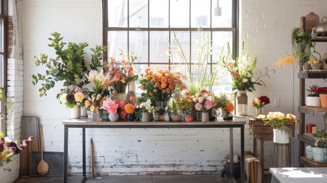 Modern Florist Studio with Minimalist Design - Flower Arrangements and Tools for Creative Projects