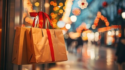 Naklejka premium Black Friday shopping frenzy with festive lights and bags in the city