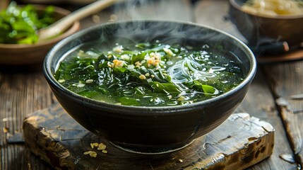 Bowl of steaming Thai seaweed soup with glass noodles on a wooden table