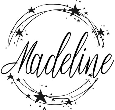 Madeline - nome scritto tra cerchi e stelle, logo rotondo, grafica vettoriale per feste e periodo natalizio, banner, cartoline, felpa, stampe, cricut, silhouette, sublimazione