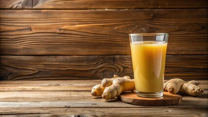 Fresh Ginger Juice in Glass on Wooden Background, Ginger Drink, Healthy Beverage, Natural Remedy, Immunity Booster