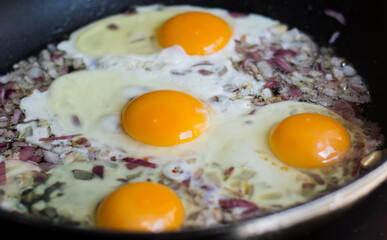 fried eggs in a frying pan