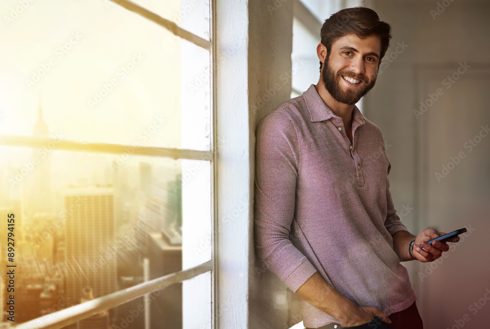 Aufkleber office, portrait and business man with smartphone, connection and text message with client for servi