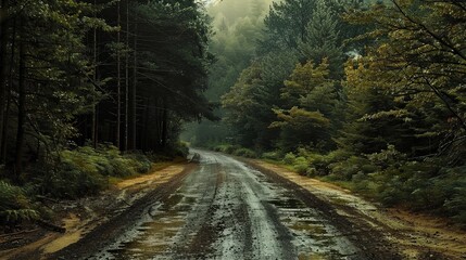 Obraz premium Muddy Dirt Road Through Foggy Forest 
