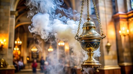 Golden Censer with Smoke in a Church, incense , censer, church , religious