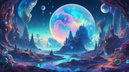Surreal Abstract and Otherworldly Imagery, Psychedelic and Retro-futurism. Opal crystal landscape. 