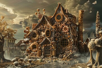Obraz premium Digital artwork of a whimsical gingerbread house with candy adornments in a mythical village setting