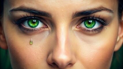 Naklejka premium Green Eyes, Close-up Portrait of Woman with Green Tear, Beauty, Portrait, Makeup, Eyes, Closeup