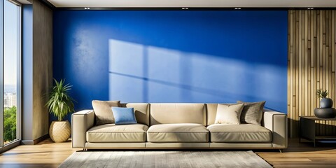 Empty gray wall mockup in a room with a sofa, with dark lighting.