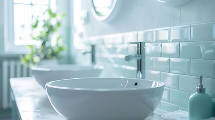 Fototapeta premium Retro-style bathroom with natural light and modern interior, featuring a clean basin and copy space background.