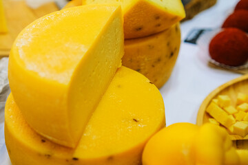 Farmer cheese on market counter