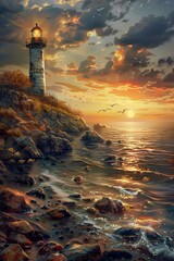 Fototapeta premium Serene Coastal Sunset with Lighthouse and Rocky Shoreline - Ideal for Posters and Prints