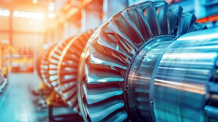 Detail of the metal turbine mechanism. Large shiny steel equipment with blades. A machine with many gears and a shiny metallic appearance. Illustration for poster, cover, brochure or presentation.