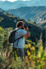 Plus-Sized Photographer Capturing Landscapes with Camera in Picturesque Mountain Setting