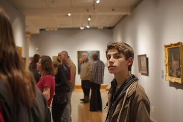 Young Artist's Masterpiece Exhibition at Prestigious Art Gallery with Engaged Guests