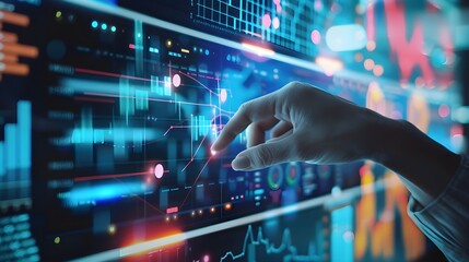 Fototapeta premium Technological hand accessing digital graphs for statistical analysis