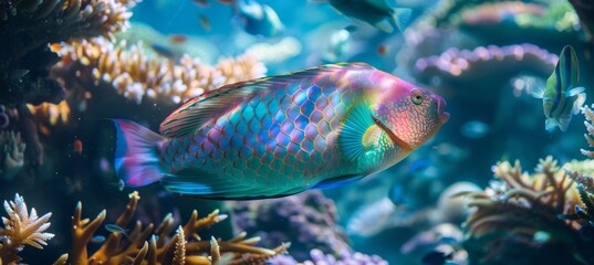 Obraz premium Vivid Parrotfish in Coral Reef: Marine Life Color and Beauty for Underwater Nature Poster