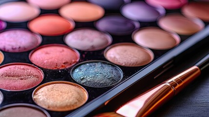 Naklejka premium Makeup palette with a brush. There are many different colors of shadows in the palette. The scene is a makeup artist's workspace with a variety of products available for use. Illustration for design.
