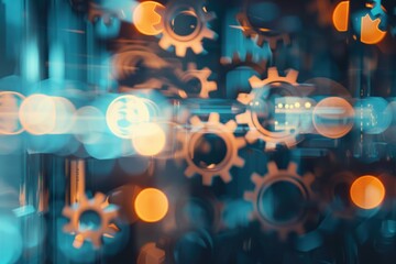 Fototapeta premium Blurred background with overlapping gears represents automation concept in business and industry
