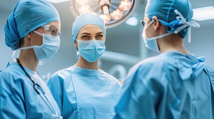 A female medic wearing a medical mask and overalls. A team of specialists at the workplace. Professional. Illustration for cover, card, postcard, interior design, poster, brochure or presentation.