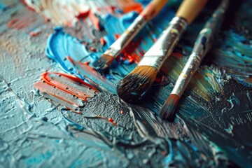 Fototapeta premium brushes and paints in a raw, artist tools, painting as a hobby and recreation