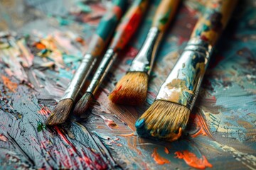 Fototapeta premium brushes and paints in a raw, artist tools, painting as a hobby and recreation