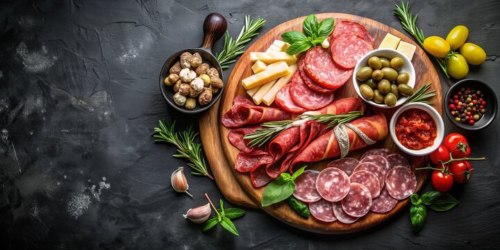 Salami and Cheese Appetizer Platter on Wooden Board, Black Background, Food Styling, Gourmet, Antipasto, Appetizer, Italian