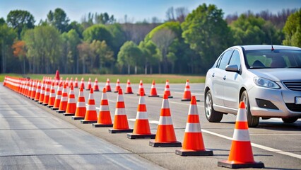 Silver Car Passing Cones on Track, Traffic Cones, Safety, Driving Test , Road Course