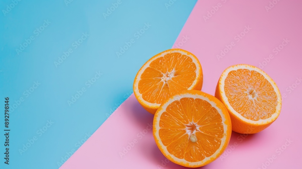 Canvas Prints Simple summer fruit arrangement with orange on pastel pink and blue backdrop Refreshing citrus and healthy concept