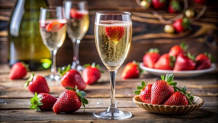 Sparkling Champagne with Strawberries, Close-Up, Glass, Fruit, Bubbles, champagne, strawberry