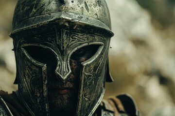 Obraz premium Closeup of a medieval knight's face in an intricately engraved helmet, with a somber expression